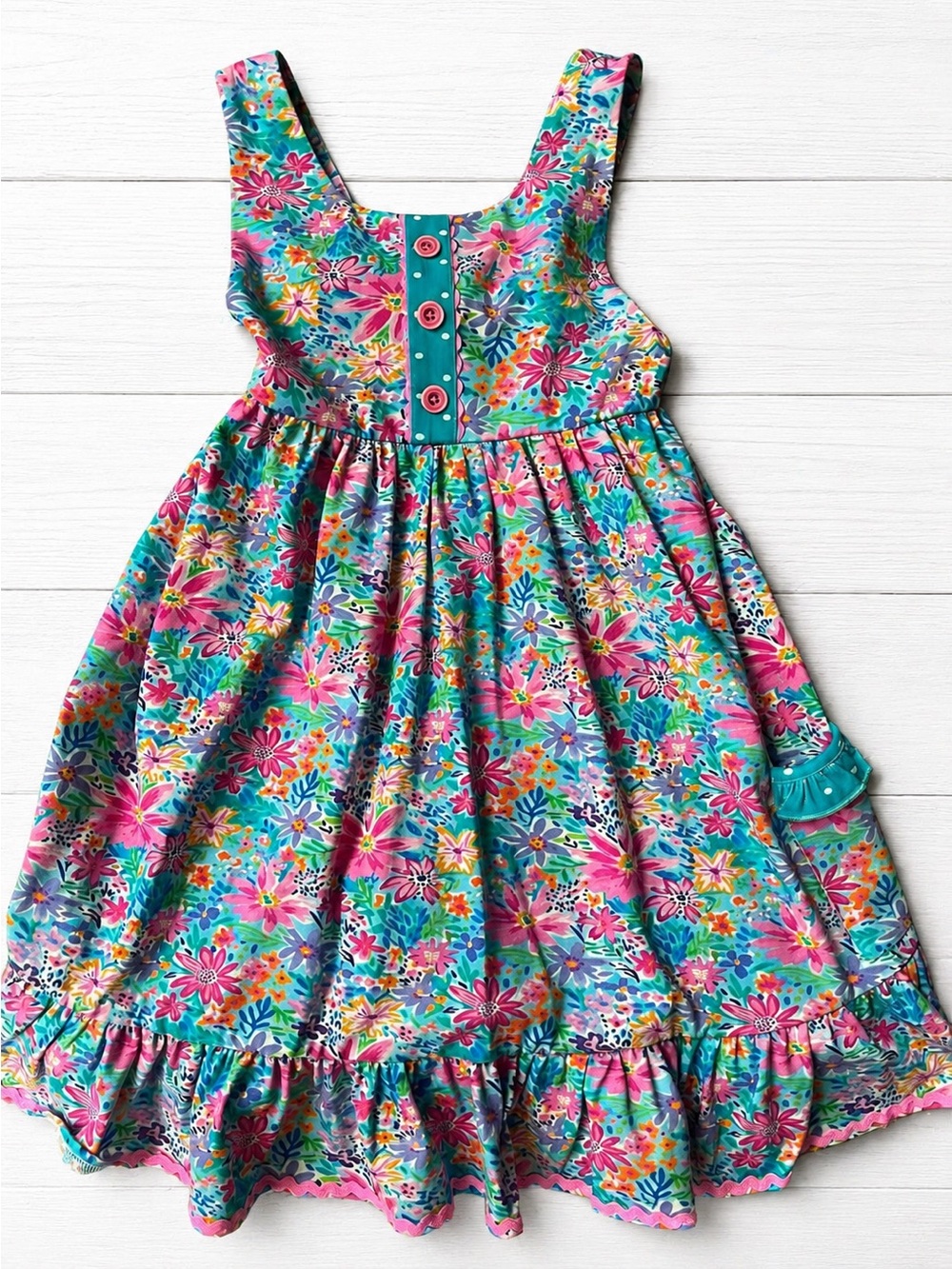 Girls' Floral Sundress in Pink & Teal - Casual Day Dress size 10